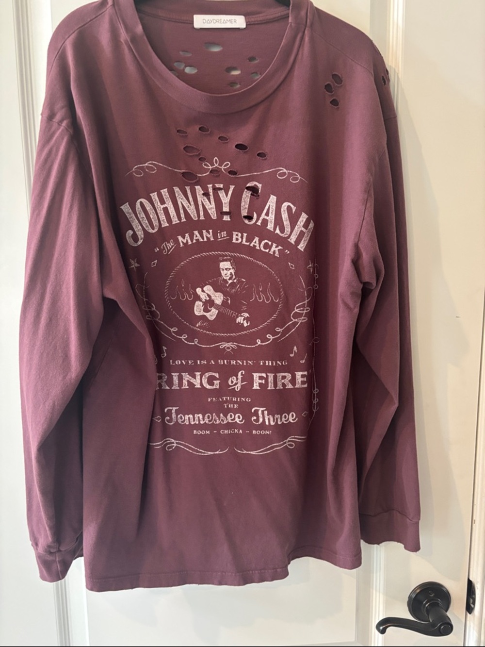 Daydreamer Johnny Cash Distressed Crew Neck Tee - Plum - Picture 4 of 6